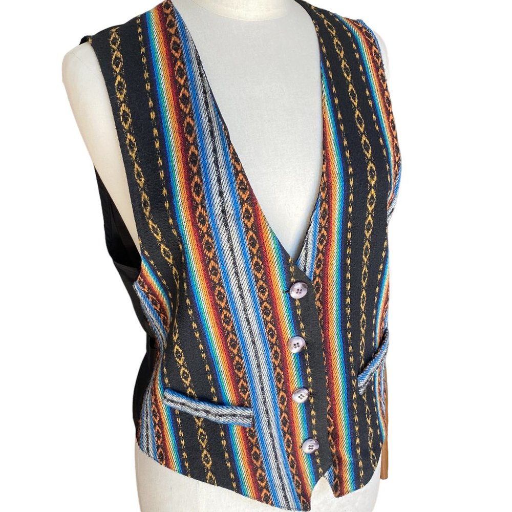 Vintage 90s Wrapper Southwestern Woven Blanket Vest Aztec Stripe Boho Western-L